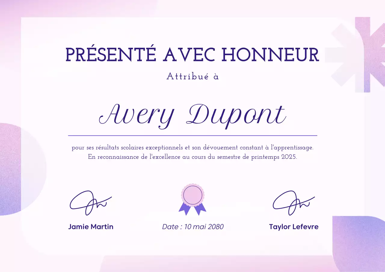 Affiche de remise de certificat élégante violette