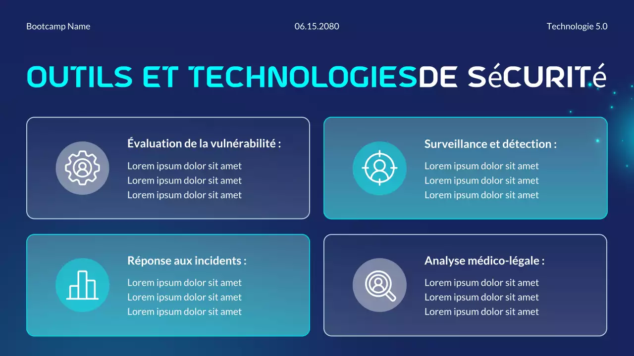Présentation du Bootcamp sur les fondamentaux de la cybersécurité futuriste moderne en bleu et cyan