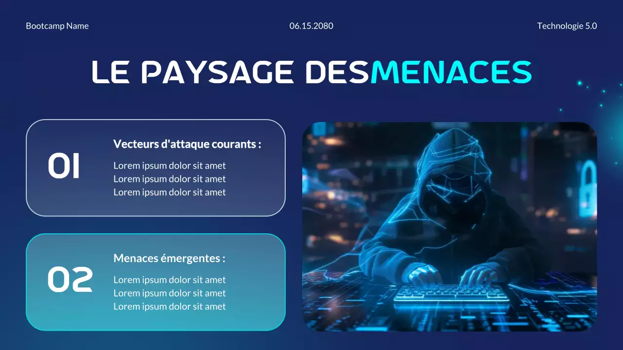 Présentation du Bootcamp sur les fondamentaux de la cybersécurité futuriste moderne en bleu et cyan