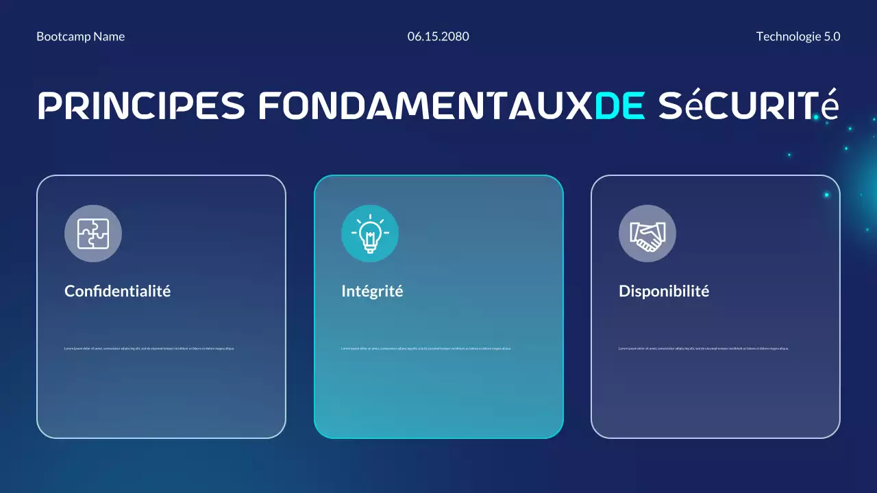 Présentation du Bootcamp sur les fondamentaux de la cybersécurité futuriste moderne en bleu et cyan