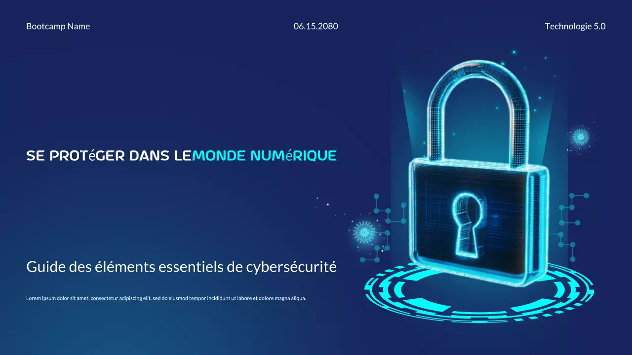 Présentation du Bootcamp sur les fondamentaux de la cybersécurité futuriste moderne en bleu et cyan