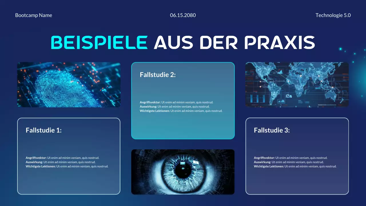 Blaue und cyanfarbene moderne futuristische Bootcamp-Präsentation zu den Grundlagen der Cybersicherheit