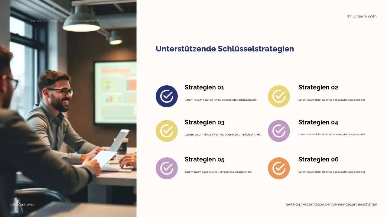 Blaue und beige moderne Illustration Strategische Partnerschaften für den Studienerfolg Präsentation