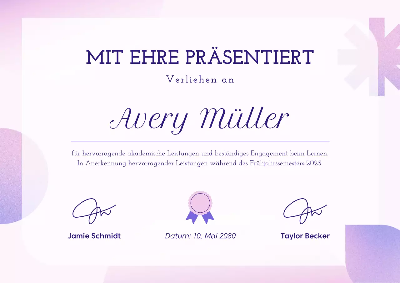 Lila elegantes Zertifikatspreis-Poster