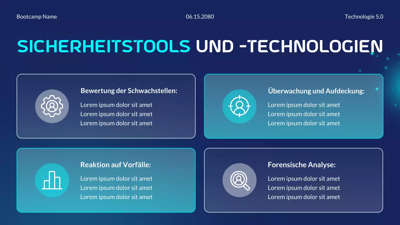 Blaue und cyanfarbene moderne futuristische Bootcamp-Präsentation zu den Grundlagen der Cybersicherheit