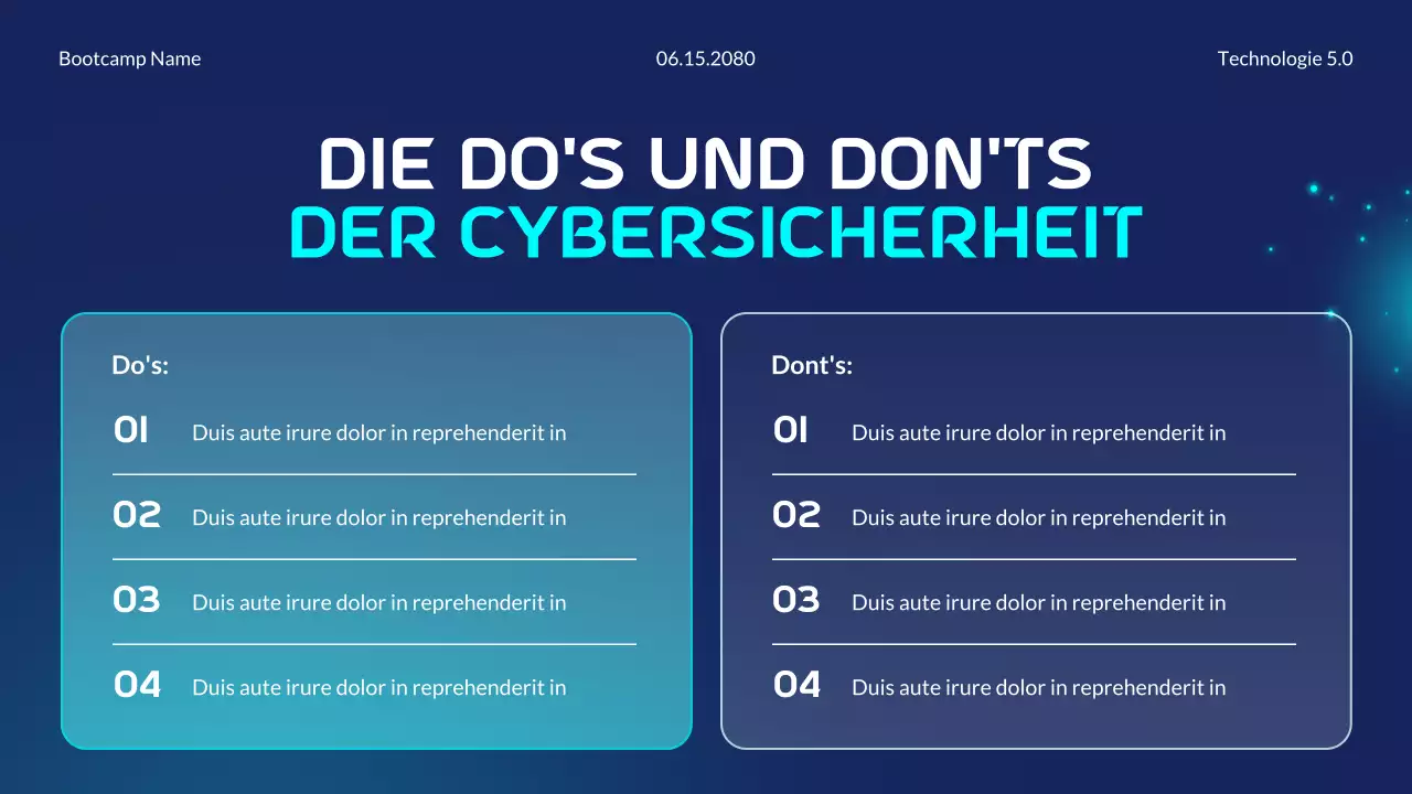 Blaue und cyanfarbene moderne futuristische Bootcamp-Präsentation zu den Grundlagen der Cybersicherheit