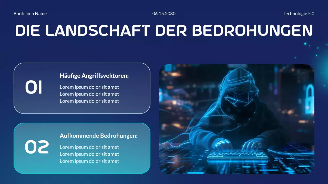 Blaue und cyanfarbene moderne futuristische Bootcamp-Präsentation zu den Grundlagen der Cybersicherheit