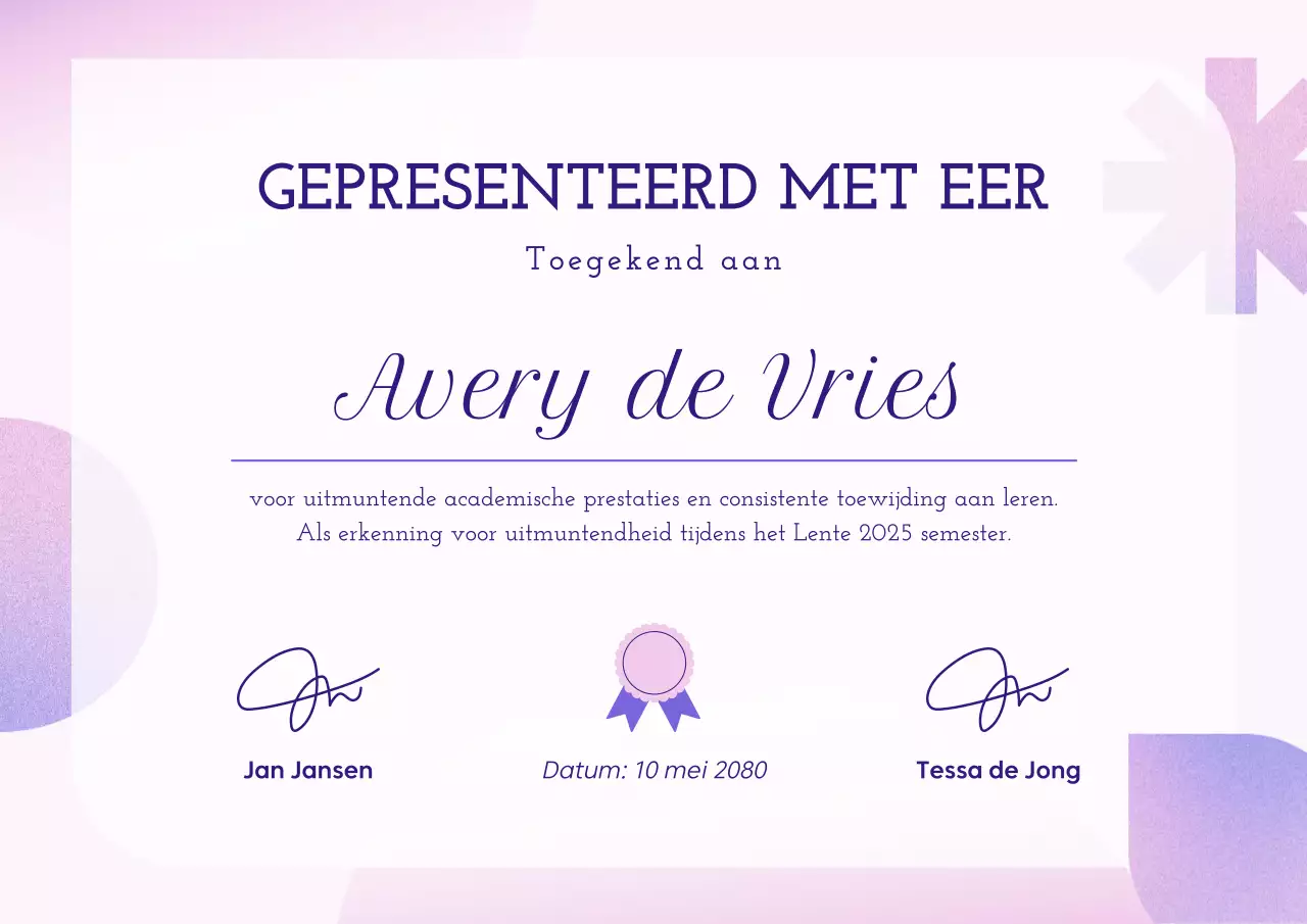 Paarse elegante certificaatprijs poster