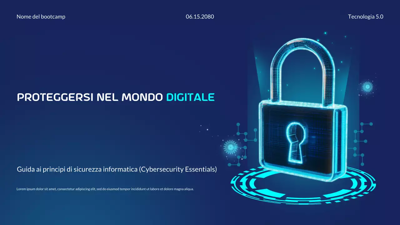 Presentazione del Bootcamp sui principi essenziali della sicurezza informatica moderna e futuristica blu e ciano