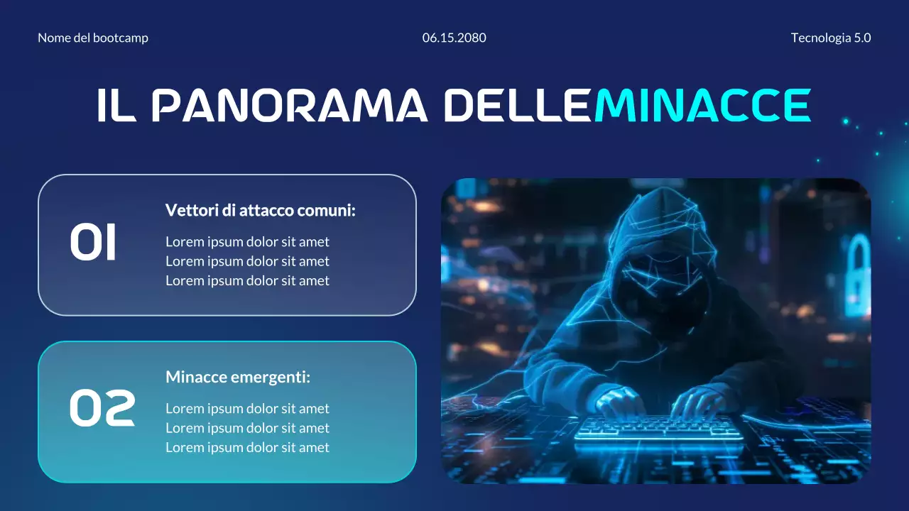Presentazione del Bootcamp sui principi essenziali della sicurezza informatica moderna e futuristica blu e ciano