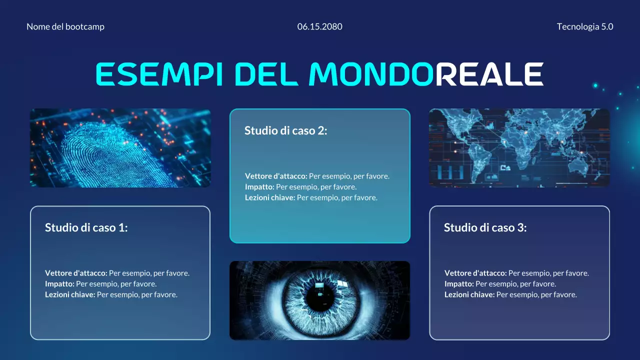 Presentazione del Bootcamp sui principi essenziali della sicurezza informatica moderna e futuristica blu e ciano