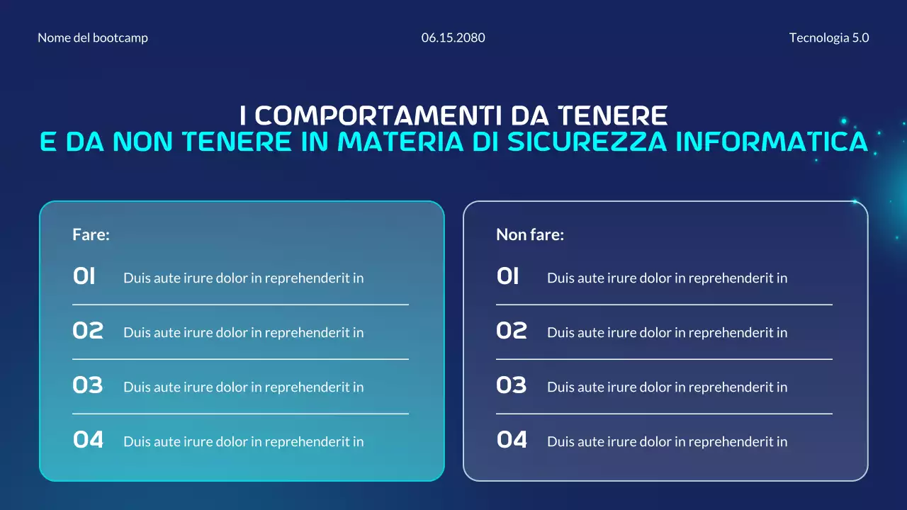 Presentazione del Bootcamp sui principi essenziali della sicurezza informatica moderna e futuristica blu e ciano