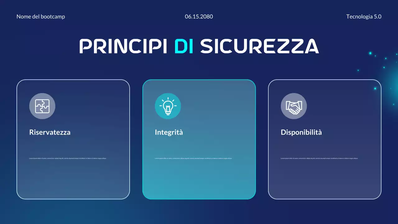 Presentazione del Bootcamp sui principi essenziali della sicurezza informatica moderna e futuristica blu e ciano