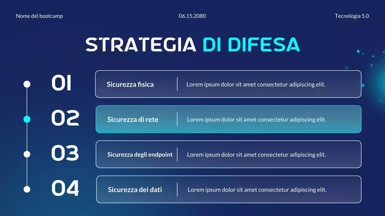 Presentazione del Bootcamp sui principi essenziali della sicurezza informatica moderna e futuristica blu e ciano