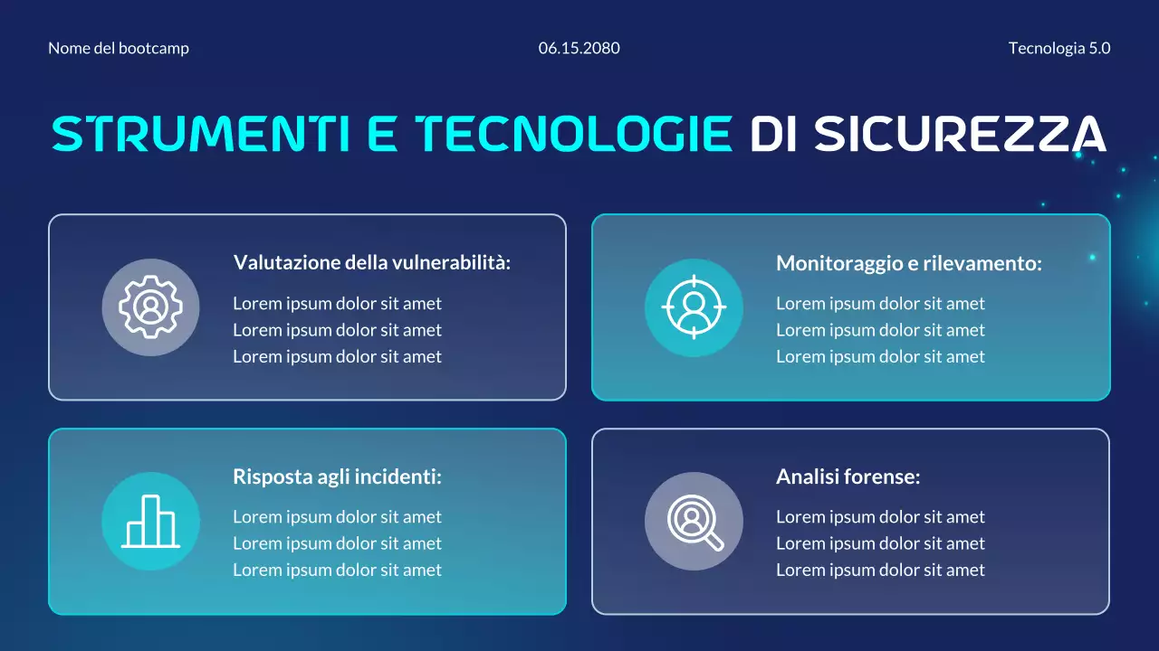 Presentazione del Bootcamp sui principi essenziali della sicurezza informatica moderna e futuristica blu e ciano