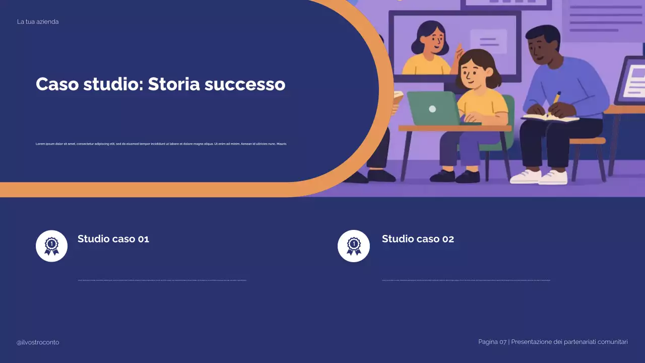 Illustrazione moderna blu e beige: Partnership strategiche per la presentazione del successo degli studenti