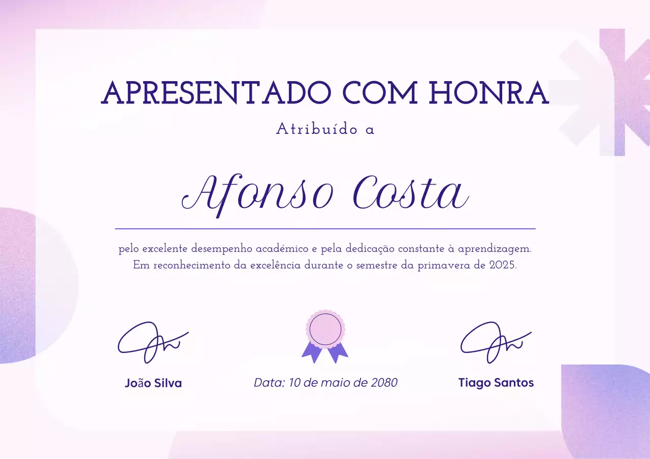 Cartaz de premiação com certificado elegante roxo