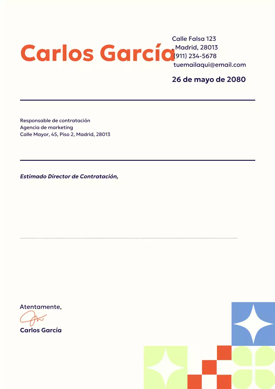 Póster de documento de carta de presentación profesional naranja