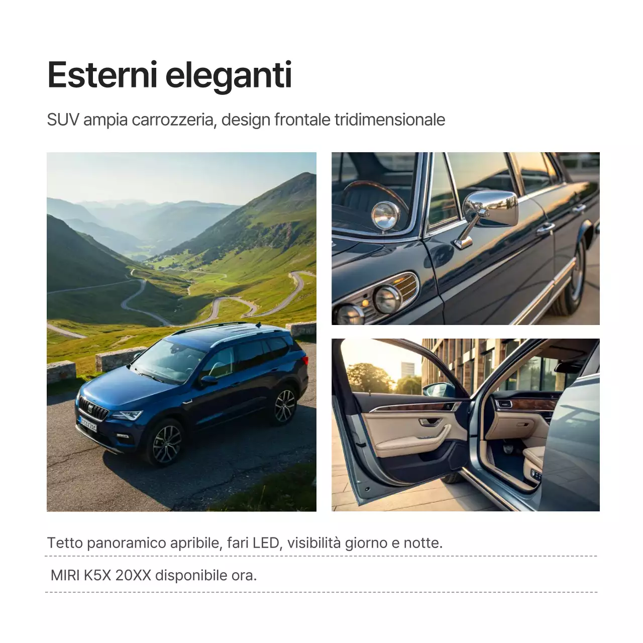 Annuncio di arrivo di un'auto a noleggio moderna bianca nuova