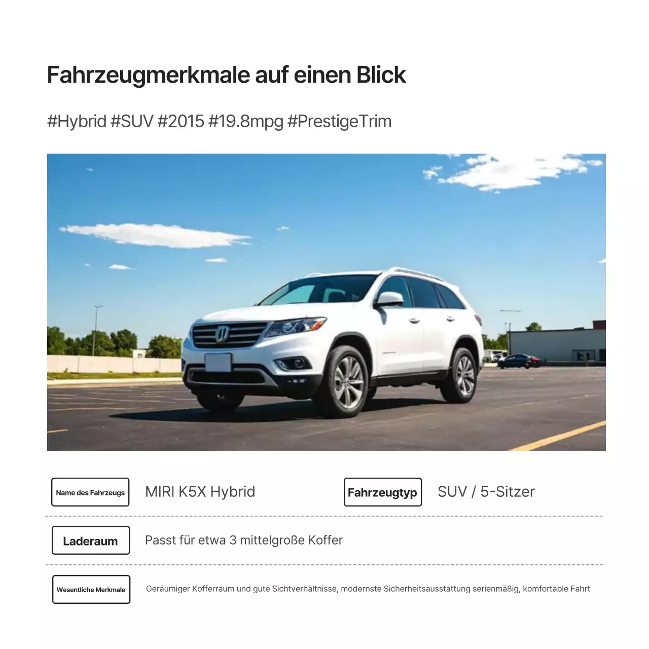 Weiße moderne Mietwagen-Neuwagen-Ankunftsanzeige