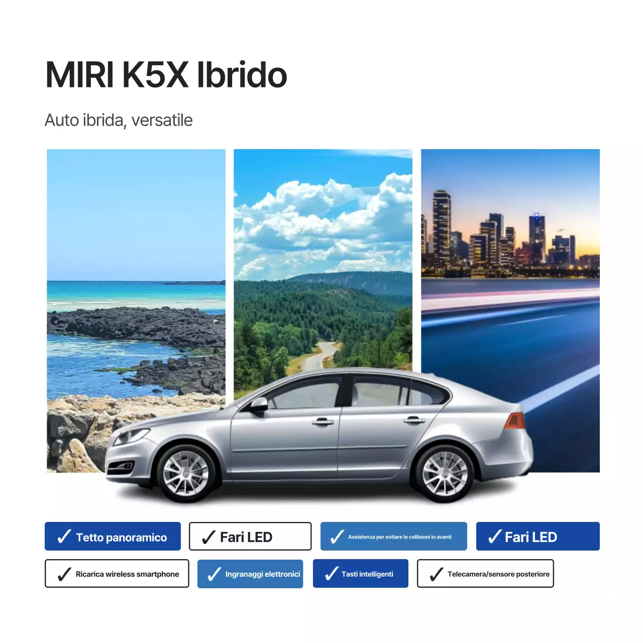 Annuncio di arrivo di un'auto a noleggio moderna bianca nuova