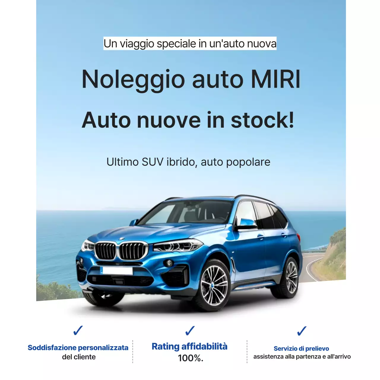 Annuncio di arrivo di un'auto a noleggio moderna bianca nuova