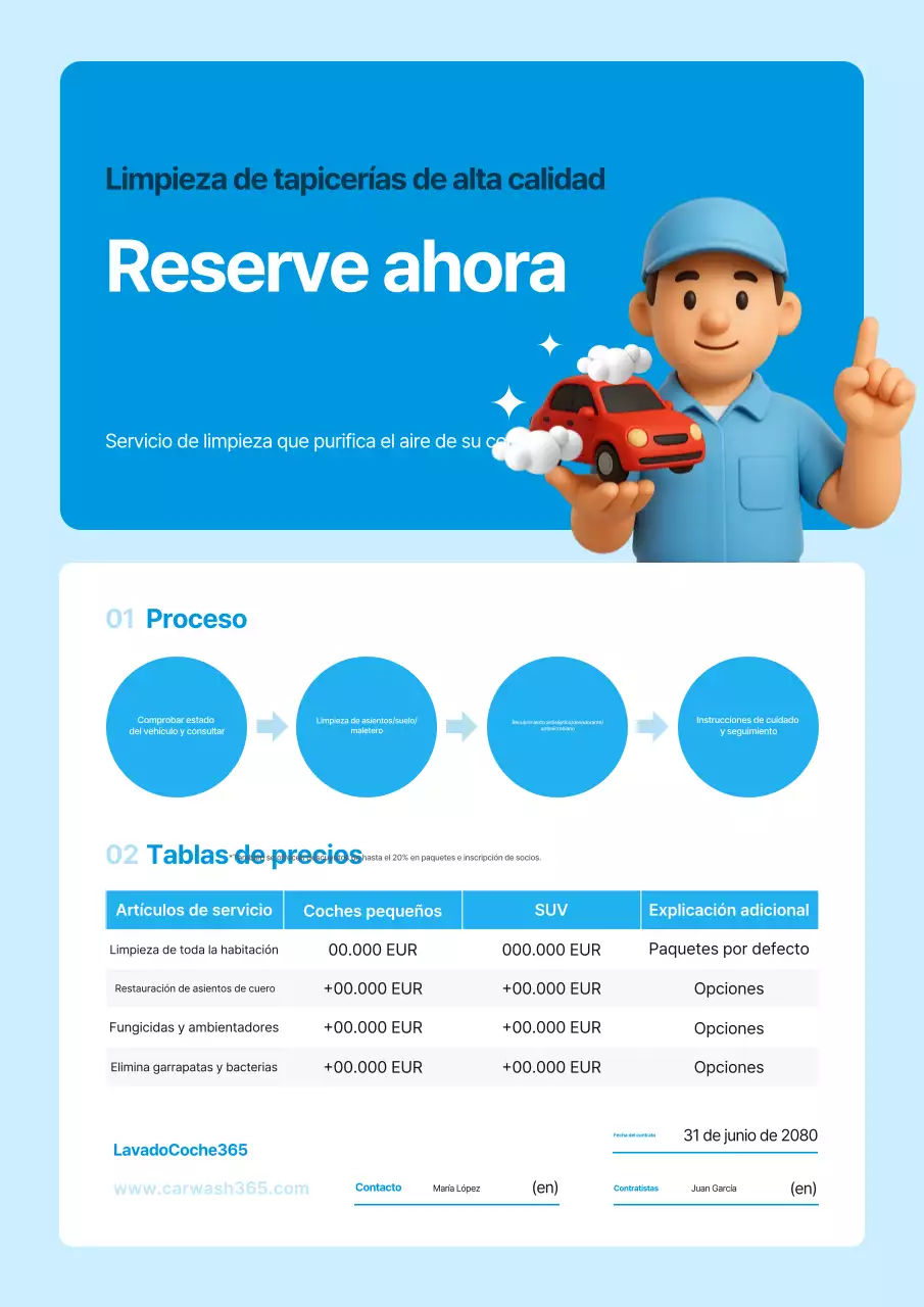 Anuncio de limpieza de interiores de coches modernos en color azul cielo