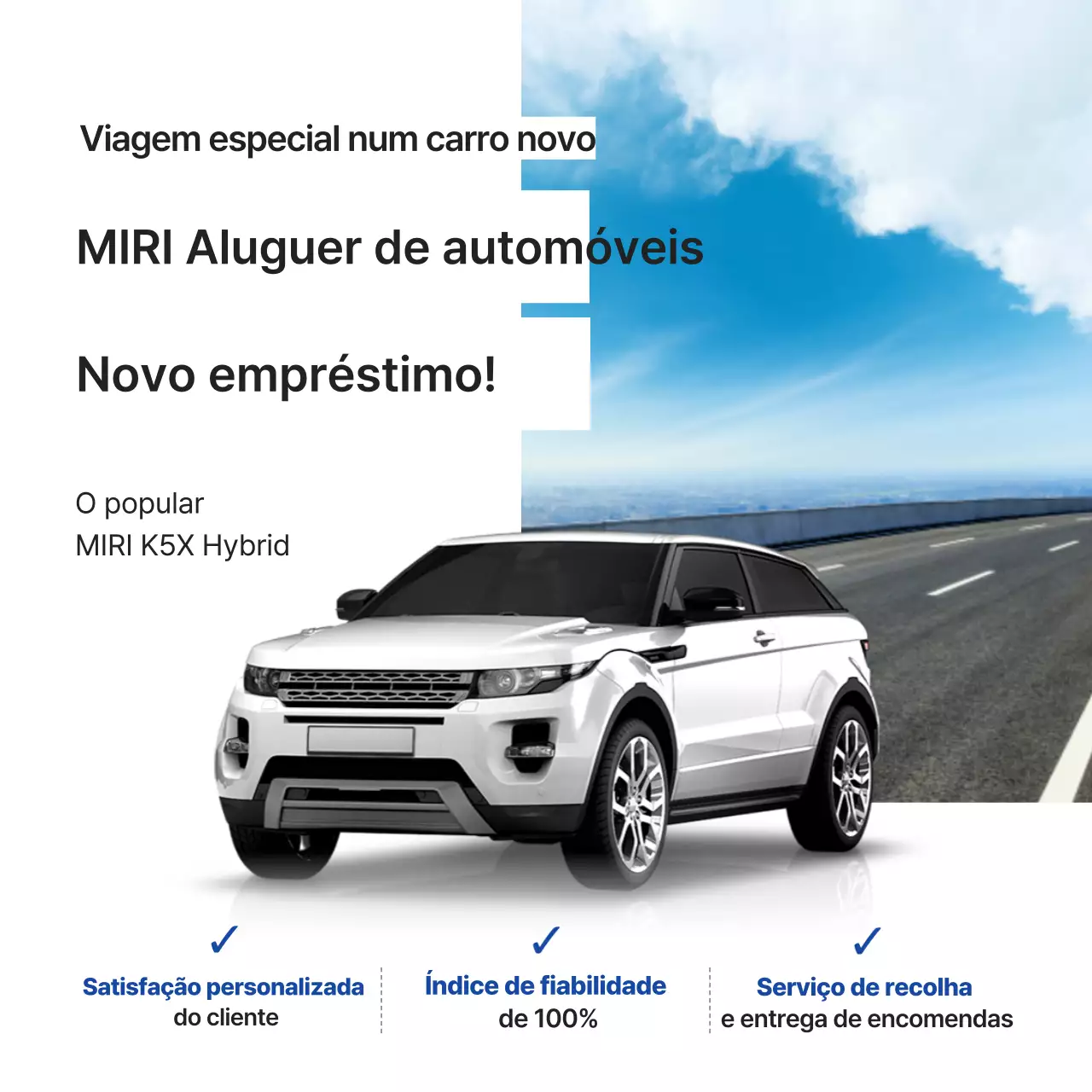 Anúncio de chegada de carro novo alugado branco moderno