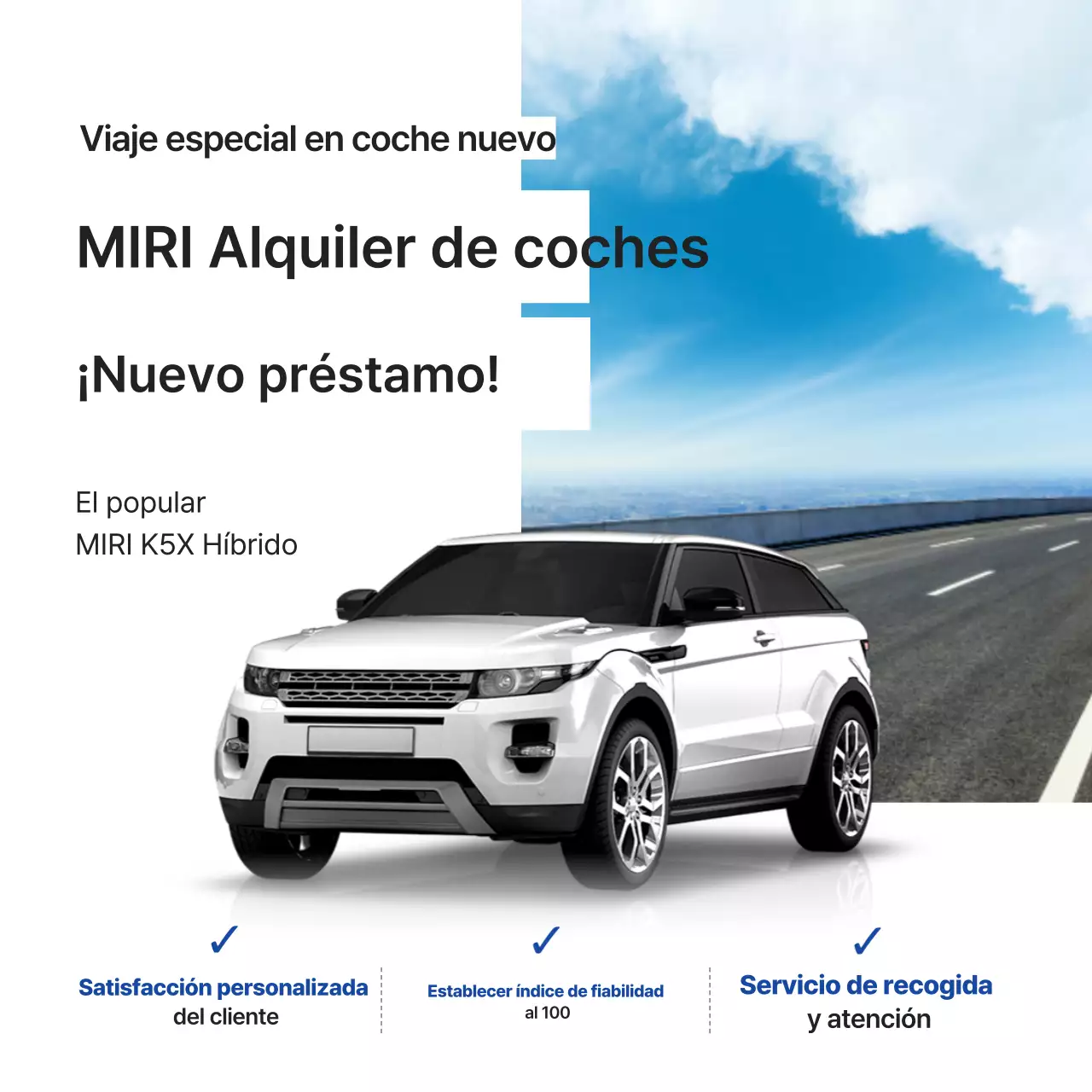 Anuncio de llegada de un nuevo coche de alquiler moderno de color blanco