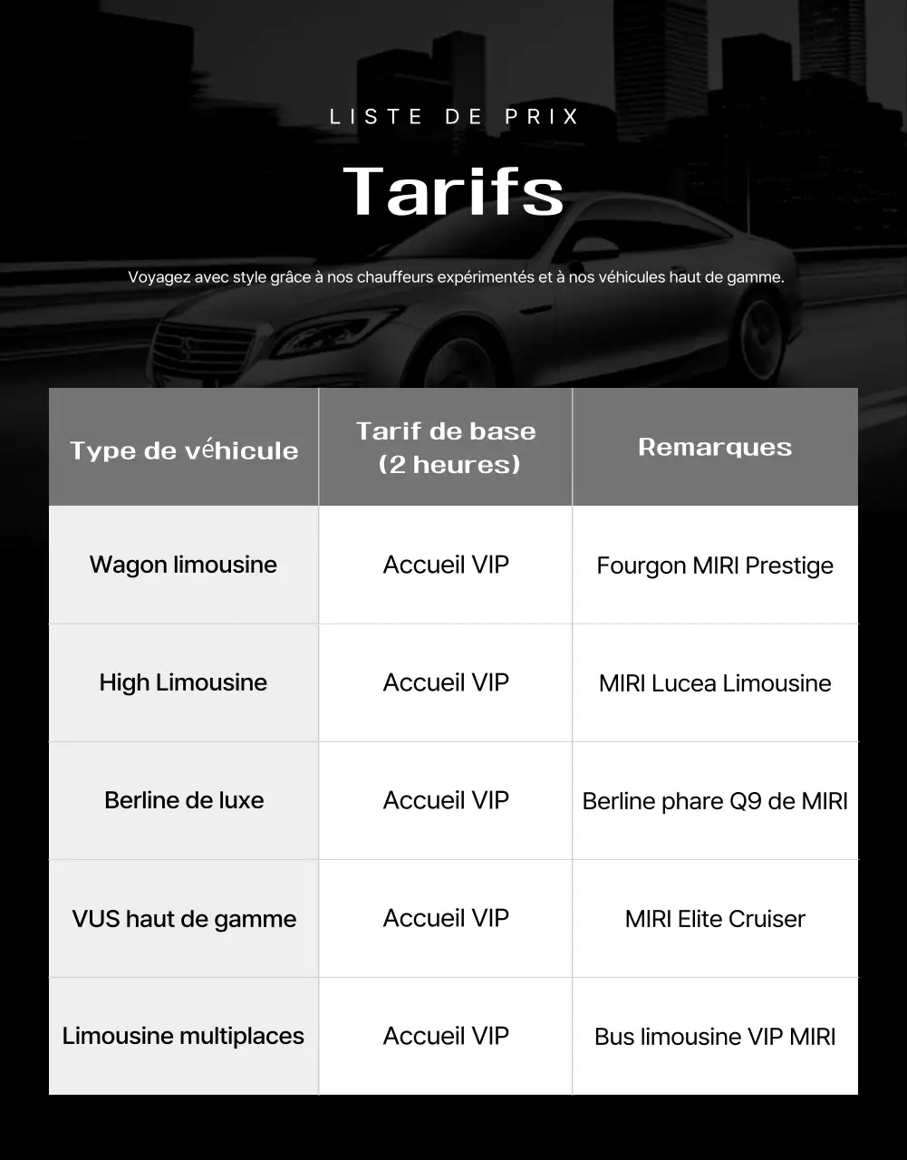 Publicité pour un service de cérémonie de luxe noir