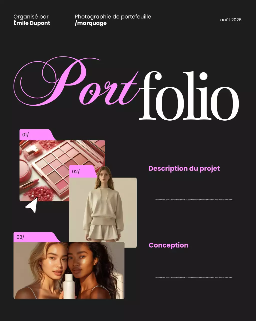 Publication Instagram de portfolio minimaliste moderne noir et rose