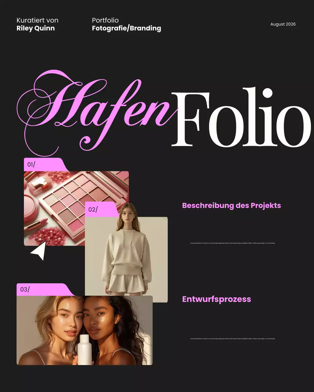 Instagram-Post zum modernen minimalistischen Portfolio in Schwarz und Pink