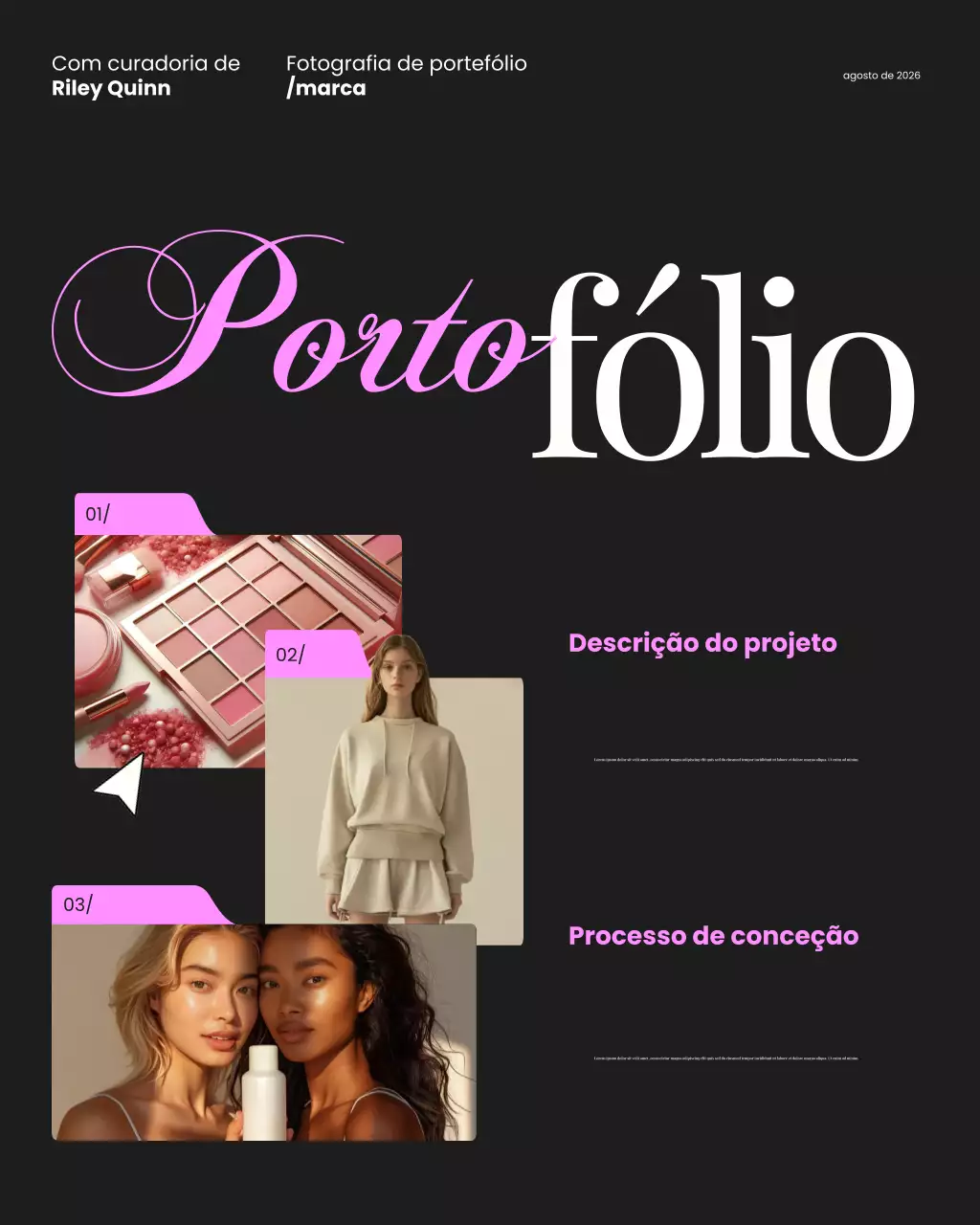 Postagem do Instagram sobre portfólio minimalista moderno em preto e rosa