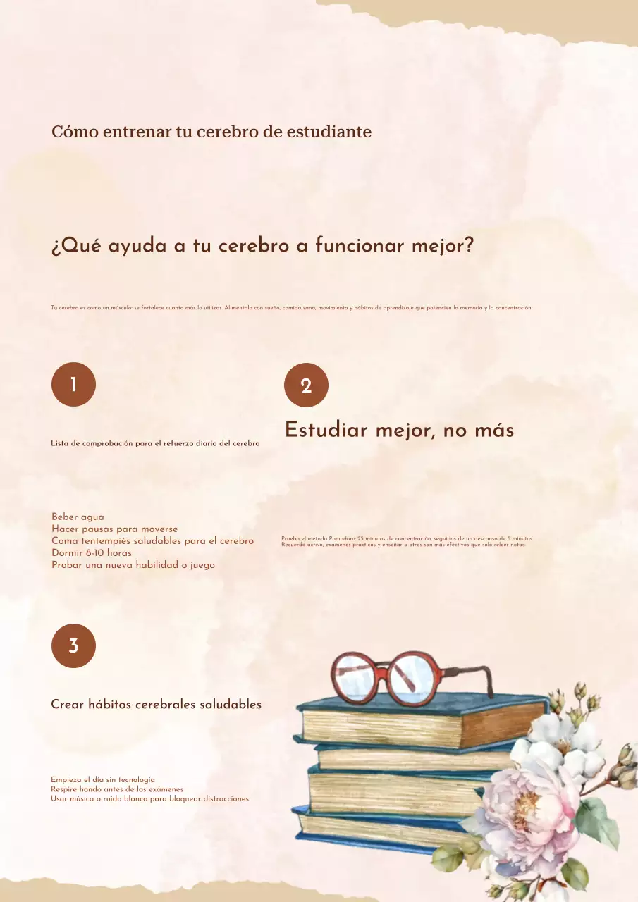 Póster beige con consejos creativos para entrenar el cerebro del estudiante