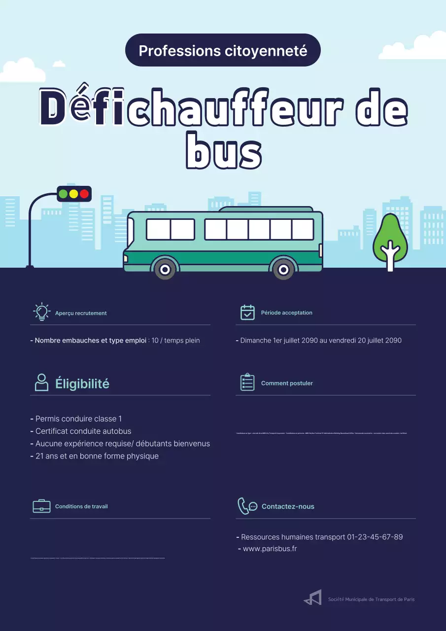 Avis de recrutement de chauffeur de bus urbain mignon bleu et bleu ciel
