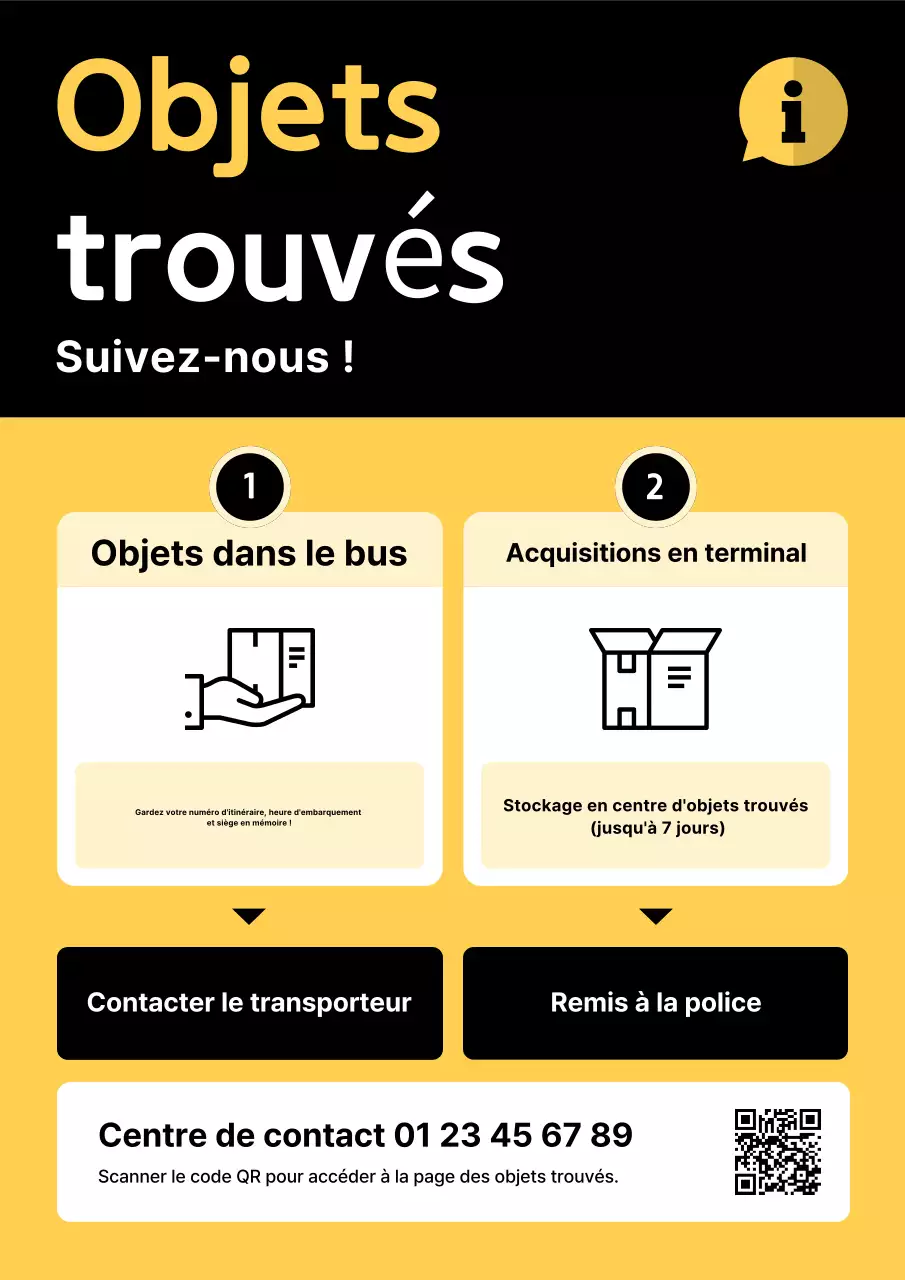 Avis simple jaune d'objets perdus et trouvés
