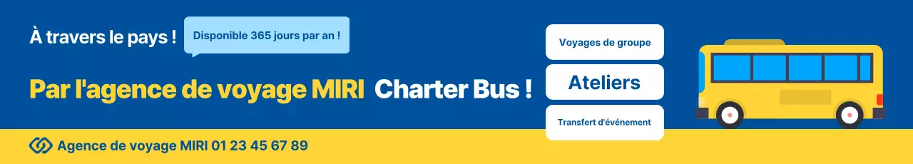 Publicité pour un bus affrété par l'agence de voyages Blue Simple