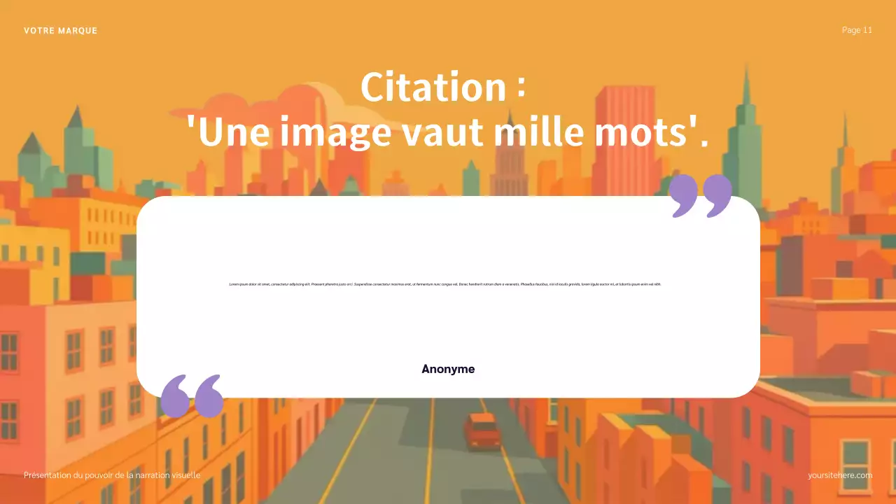 Présentation narrative avec illustration bleu, rouge et orange