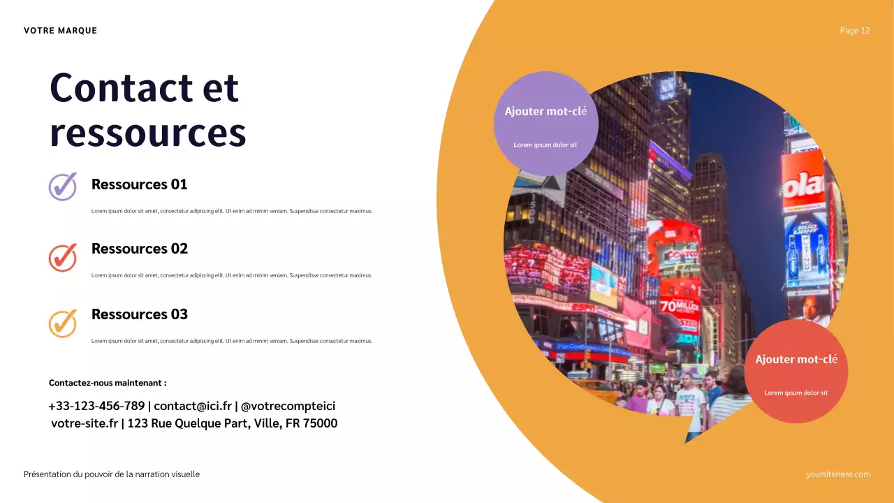 Présentation narrative avec illustration bleu, rouge et orange