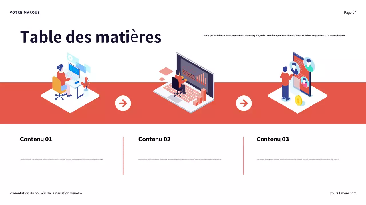 Présentation narrative avec illustration bleu, rouge et orange