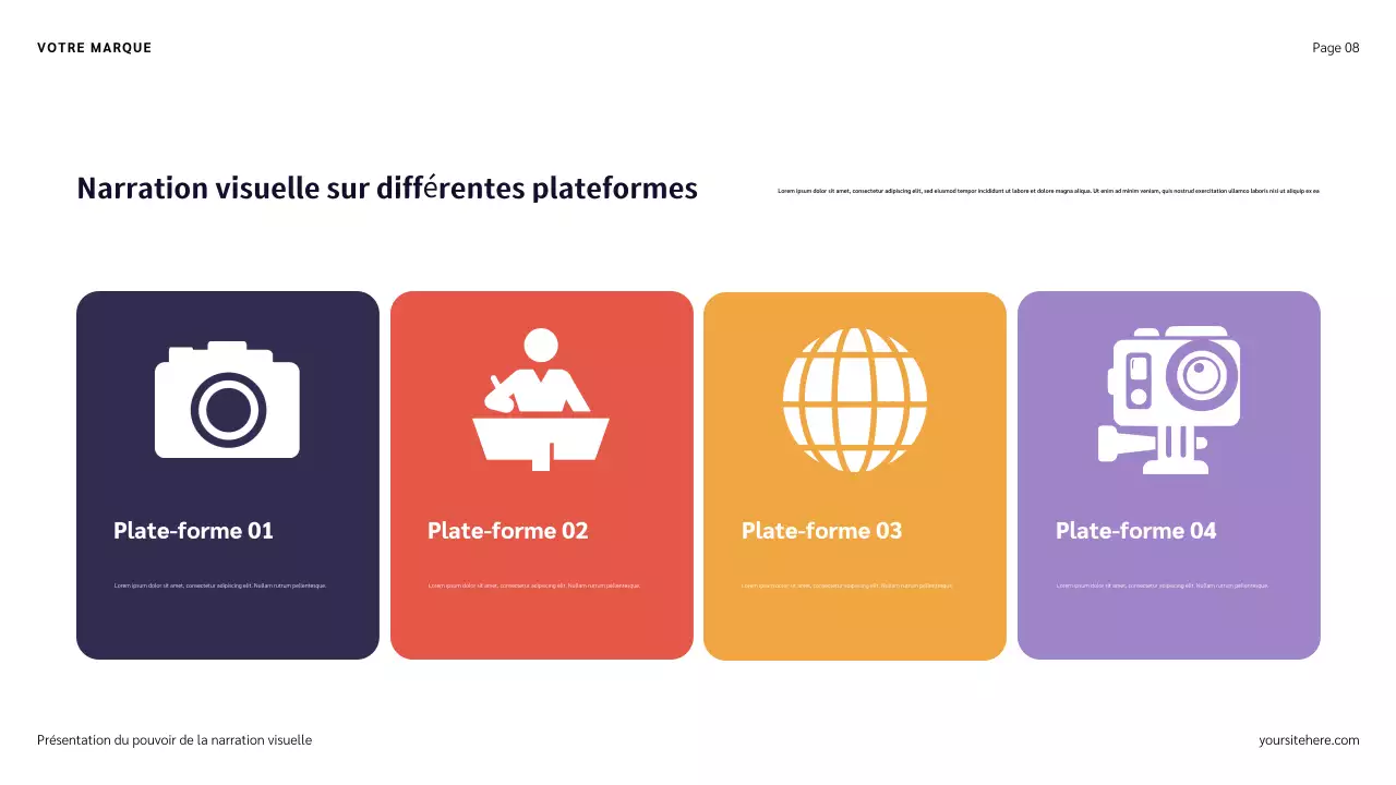 Présentation narrative avec illustration bleu, rouge et orange