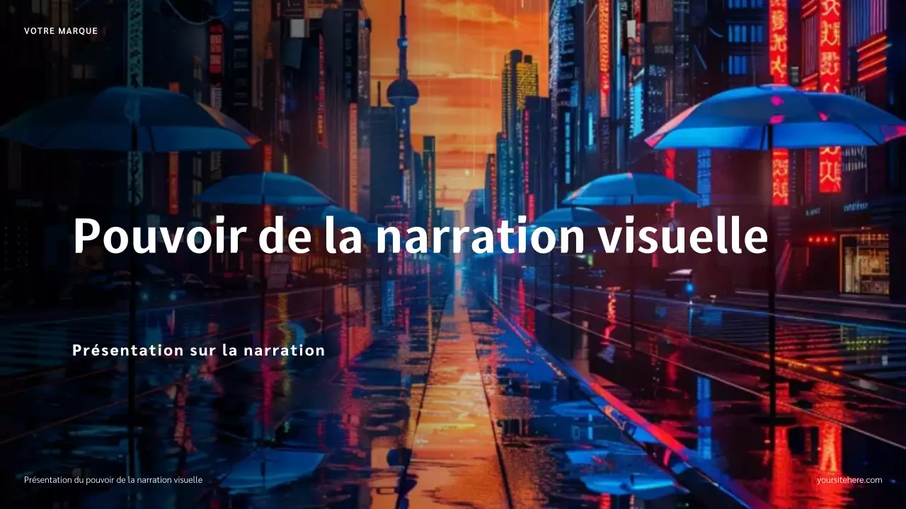 Présentation narrative avec illustration bleu, rouge et orange