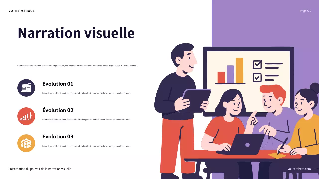 Présentation narrative avec illustration bleu, rouge et orange