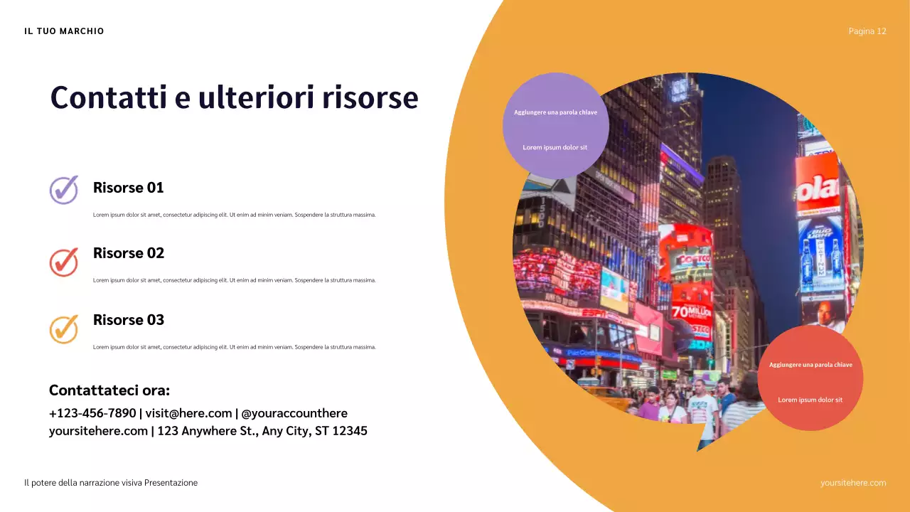 Presentazione narrativa con illustrazioni blu, rosse e arancioni