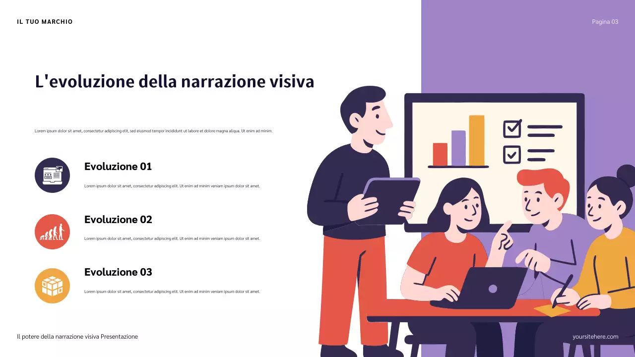 Presentazione narrativa con illustrazioni blu, rosse e arancioni