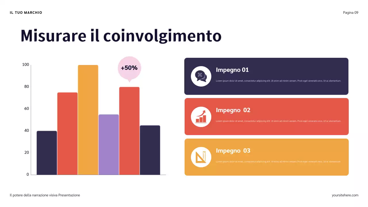 Presentazione narrativa con illustrazioni blu, rosse e arancioni
