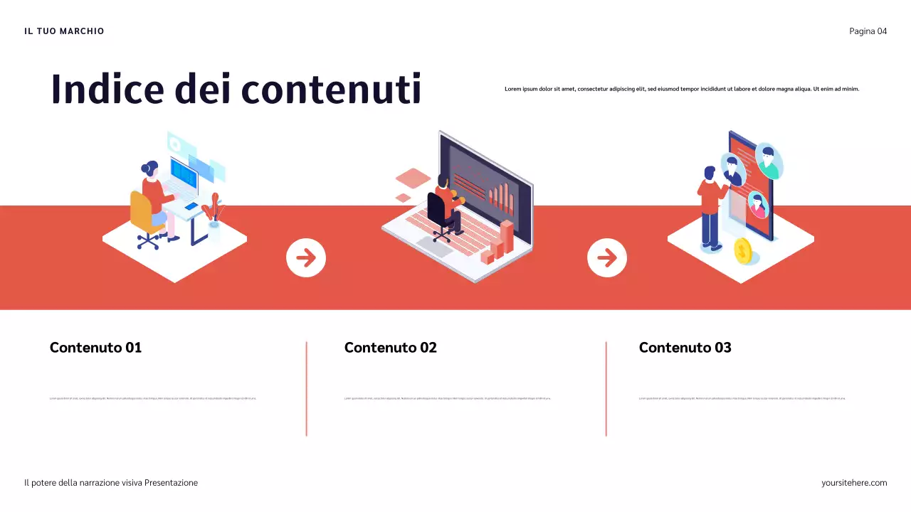 Presentazione narrativa con illustrazioni blu, rosse e arancioni