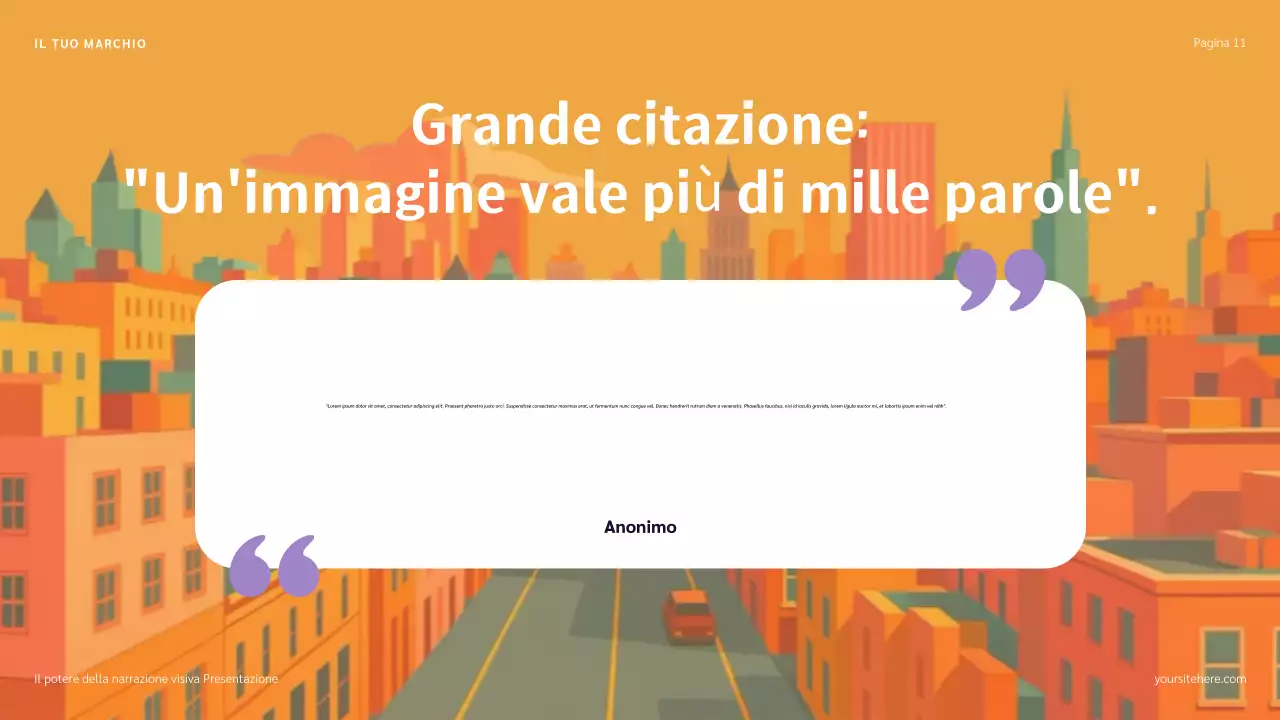 Presentazione narrativa con illustrazioni blu, rosse e arancioni