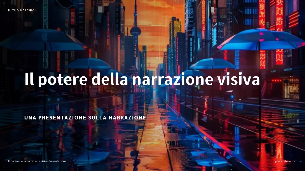 Presentazione narrativa con illustrazioni blu, rosse e arancioni