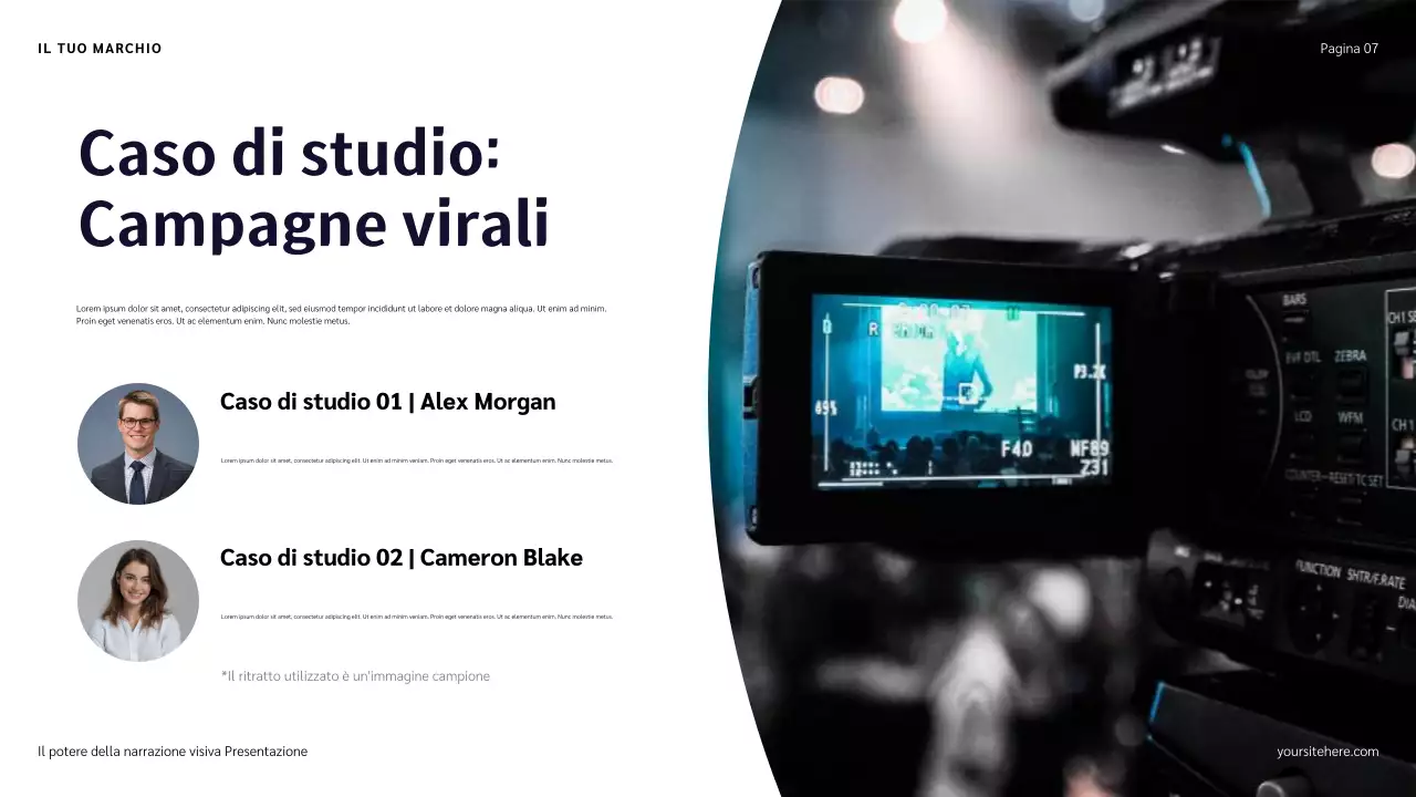 Presentazione narrativa con illustrazioni blu, rosse e arancioni